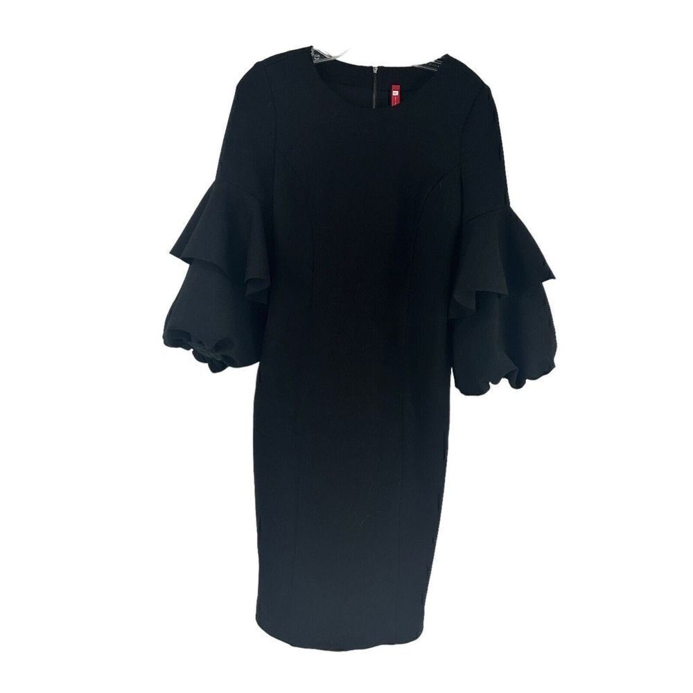 IC Collection Dress Black Scuba Knit 3/4 Sleeve Dramatic Ruffle Size XS Stretch